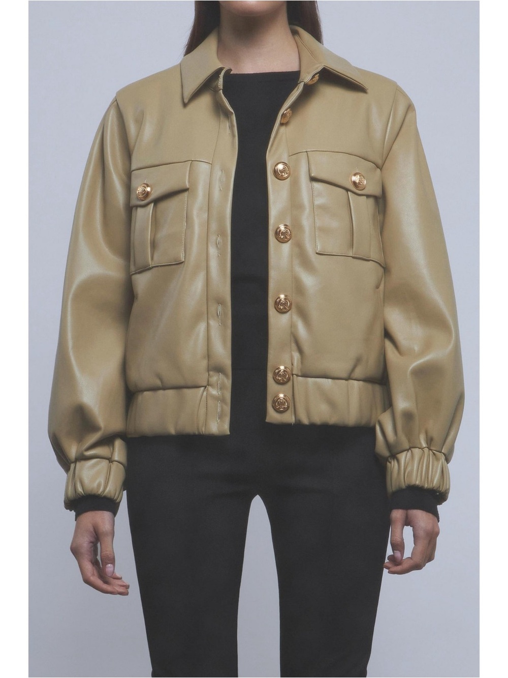 Endless Rose Faux Leather Utility Jacket Beige Gold Button Cropped Quiet Luxury